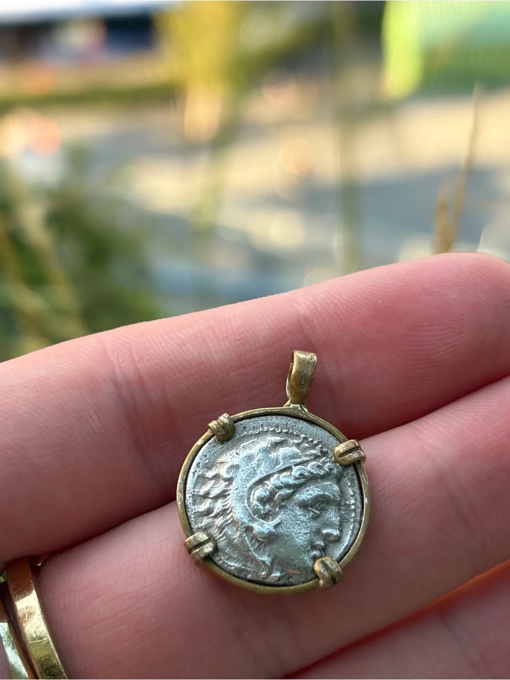 Ancient Greek Silver Coin Pendant Gold Bezel Heracles Zeus Alexander w/ COA